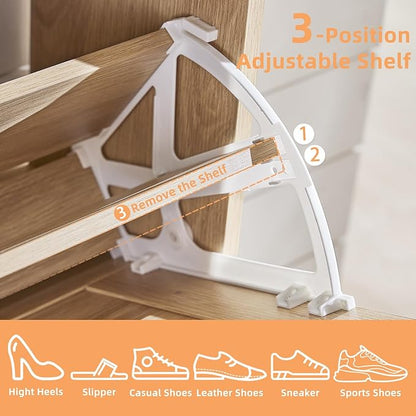 Shoe Storage Cabinet with 2 Flip Drawers, Boho Shoes Organizer for Entryway, Narrow Hidden Shoe Rack with Wood Legs & Open Storage, Free Standing Shoe Closet for Foyer, Hallway, Natural Oak