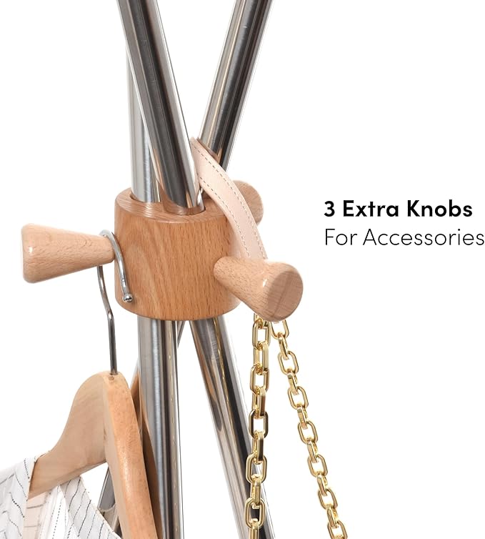 Coat Stand 70", Stainless Steel and Beech Wood, Freestanding Entryway Hall Tree for Hanging Hats/Bags/Purse/Jackets/Accessories, Modern Minimalist Design