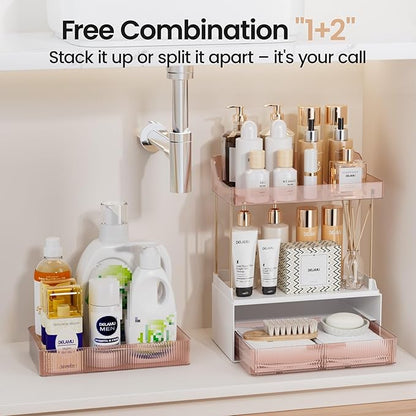 Delamu Bathroom Organizers and Storage, 2 Tier 2 Drawer Makeup Organizer Countertop, Easy to Install, Ideal for Bathroom Counter, Vanity, Ideal for Women Girls, Grapefruit