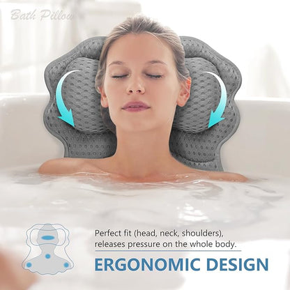 SetSail Bath Pillow, Relaxing Bath Pillows for Tub Neck and Back Support Soft 4D Breathable Air Mesh Ergonomic Bathtub Pillow with 6 Strong Suction Cups and Hook Luxury Bathroom Accessories,Grey