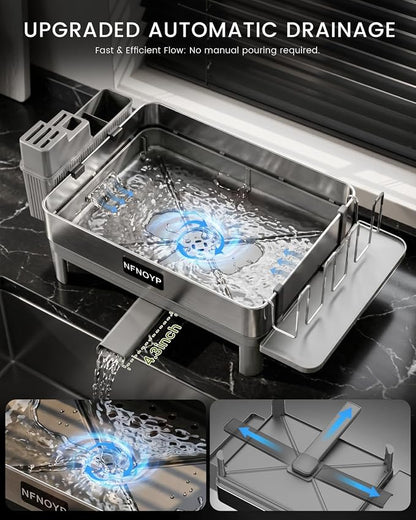 Dish Drying Rack, 304 Stainless Steel Dish Rack and Drainboard Set, Rustproof Dish Drainer with Anti-Pooling Automatic Drainage, Large Capacity Kitchen Counter Organizer, Grey