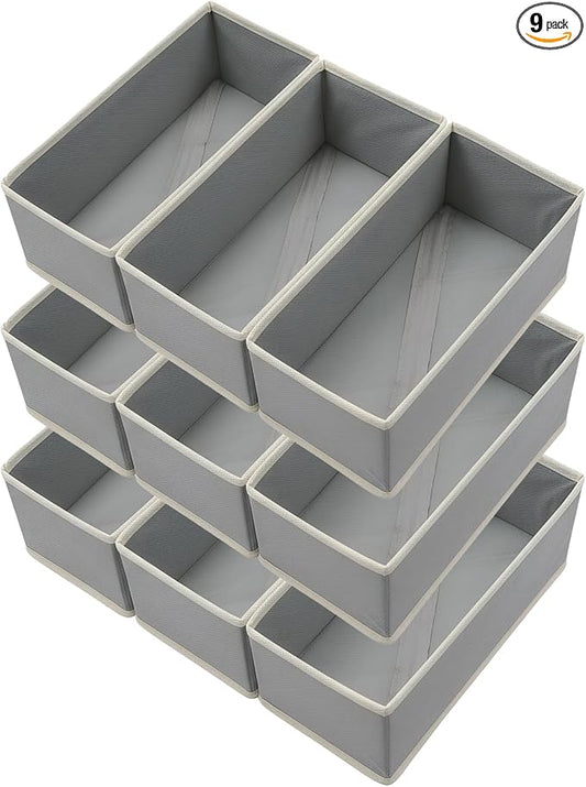 Bructhun Sock Drawer Organizer 9 Pack - Collapsible Fabric Storage Bins for Underwear Divider, Small Closet Organizers with 9 Compartments, Light Gray
