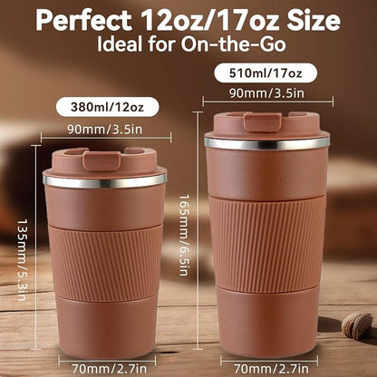 12OZ Travel Coffee Mug Insulated Coffee Cup with Spill Leak Proof Lid, Portable Stainless Steel Tumbler Reusable Hot and Cold Water Mug for Car, Daily, Camping- Coffee