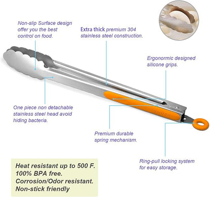 304 Stainless Steel Kitchen Cooking Tongs, 12" and 14" Set of 2 Sturdy Grilling Barbeque Brushed Locking Food Tongs with Ergonomic Grip, Orange