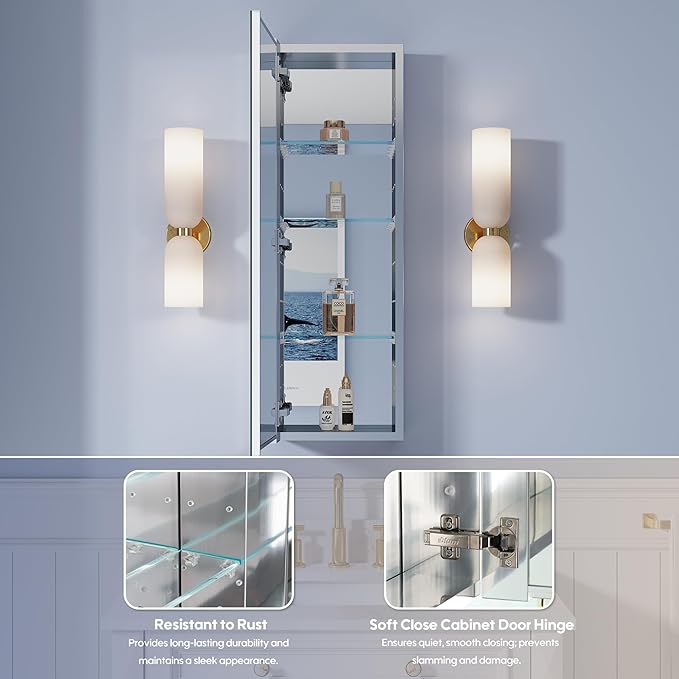 WELLFOR 12" x 36" Bathroom Medicine Cabinet, Anodized Chrome Aluminum Frame, Medicine Cabinet with Adjustable Glass Shelves, Bathroom Cabinet with Reverse Door Installation, Surface or Recess Mount