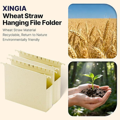 XINGIA Wheat Straw Plastic Hanging File Folders,2 Inch Expansion Letter Size Filing Cabinet Folders,Heavy Duty Expandable File Folder,12 Pack Extra Capacity Hanging Folders with Tab (Morandi Beige)