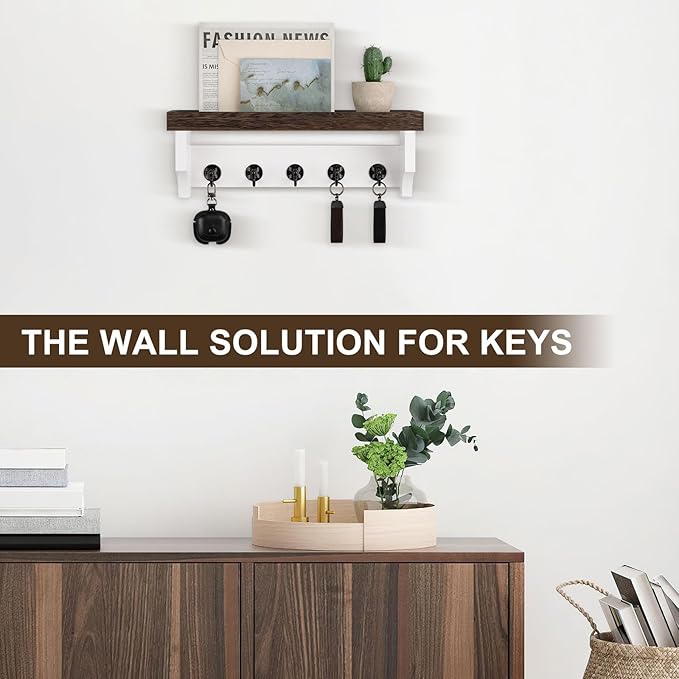 Key and Mail Holder Wall Mount, Key Holder with Shelf and Mail Organizer Wall Mount. Mail Holder with 5 Hooks for Coat, Dog Leash, Home Decor Rack, Entry Way Organizer (Brown & White)