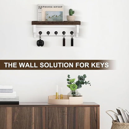 Key and Mail Holder Wall Mount, Key Holder with Shelf and Mail Organizer Wall Mount. Mail Holder with 5 Hooks for Coat, Dog Leash, Home Decor Rack, Entry Way Organizer (Brown & White)