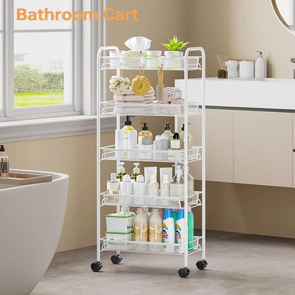 TOOLF 5-Tier Rolling Cart, Metal Utility Cart with 3 Hooks, Easy Assemble Mobile Storage Trolley On Wheels, Metal Shelving Units Kitchen Bathroom Laundry Room