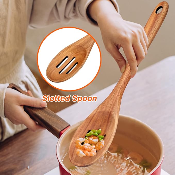 4-Piece 14" Large Acacia Wood Utensils Set for Cooking Spatula Wooden Kitchen Utensil Non Toxic Spoon Slotted Turner Best Long Spatula for Kitchen Use Tools Cooking Utensils Mixing Serving Spoons
