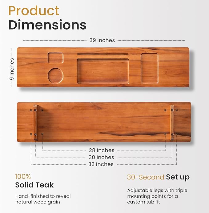 Teak Bathtub Tray for Freestanding Bath, 39" Extra Thick Adjustable Spa Caddy - Non-Slip Anti-Tip Wood Organizer for iPad, Wine & Book - Artisan Natural Finish, Perfect Self-Care Gift