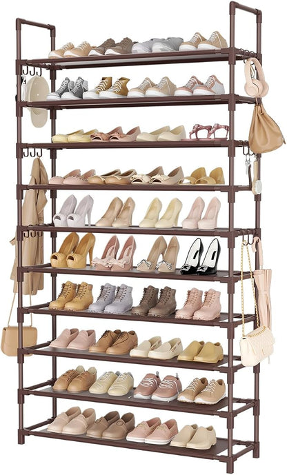 LANTEFUL Tall Shoe Rack 10 Tier Shoe Organizer Large Shoe Shelf with 18 Hooks Storage for 50 Pair Sneaker and Boot, Stackable Vertical Shoe Rack Organizer for Closet, Entryway, Bedroom, Brown