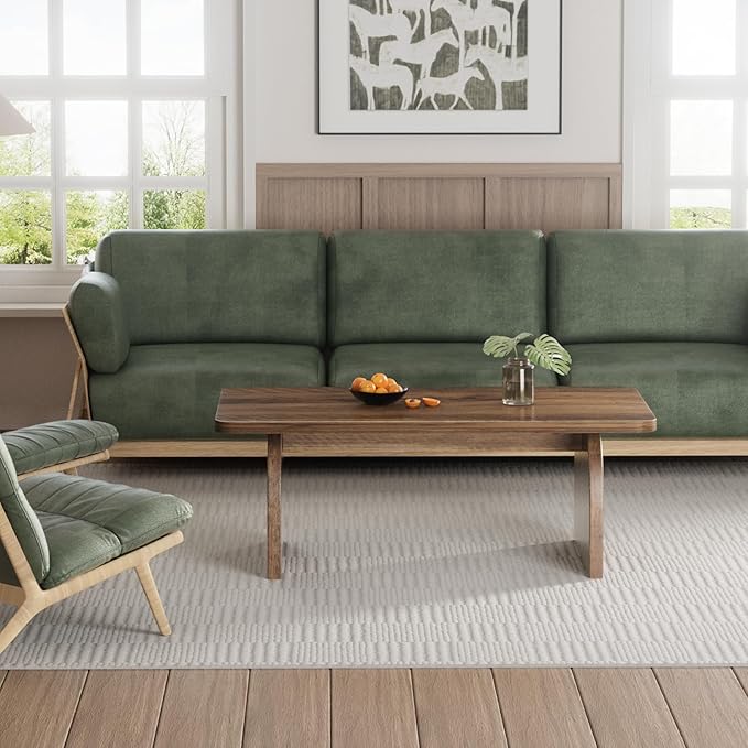 Rustic Coffee Table for Living Room - Farmhouse Oak Wood Rectangle Coffee Table, Solid Real Wooden Brown Center Table Organic Modern
