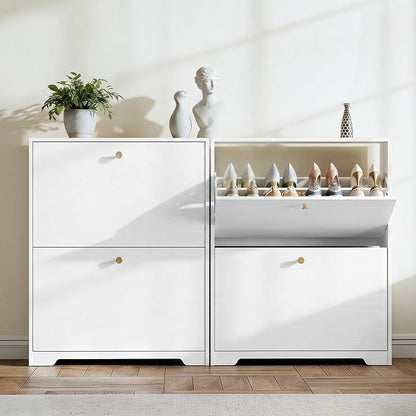 Nicetree Shoe Cabinet with 2 Flip Drawers, Narrow Shoe Organizer Cabinet, Freestanding Shoe Rack Cabinet, Modern Shoe Storage Cabinet for Entryway, Hallway, Foyer, White with Hook