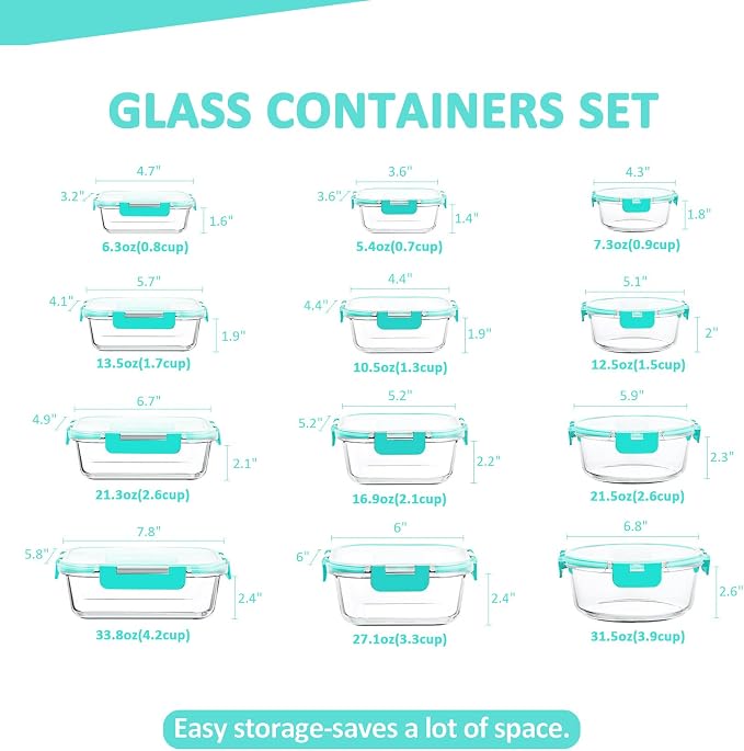 KOMUEE 24 Pieces Glass Food Storage Containers Set, Meal Prep Containers, BPA-Free Airtight Glass Storage Containers with lids, Freezer, Microwave and Oven Safe,Green