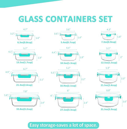 KOMUEE 24 Pieces Glass Food Storage Containers Set, Meal Prep Containers, BPA-Free Airtight Glass Storage Containers with lids, Freezer, Microwave and Oven Safe,Green
