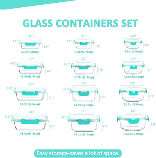 KOMUEE 24 Pieces Glass Food Storage Containers Set, Meal Prep Containers, BPA-Free Airtight Glass Storage Containers with lids, Freezer, Microwave and Oven Safe,Green