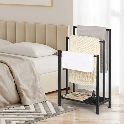 Freestanding Towel Rack for Bathroom, Black Standing Towel Rack Bath Towel Holder Stand Floor 3 Tier Blanket Rack Outdoor Towel Rack Standing Metal Blanket Ladders for The Living Room