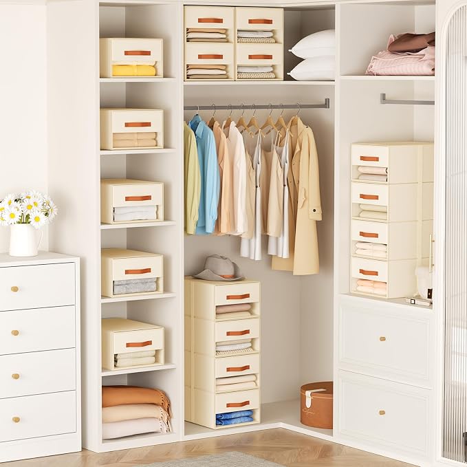 DIMJ Closet Organizers and Storage - Pull-out Fabric Bins with Drawers for Closet Foldable Clothes Organizers with Clear Window, Stackable Storage Drawers for Bedroom,Living Room,Shelf,4-Pack, Beige