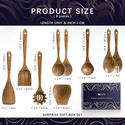 Wooden Spoons for Cooking, Nonstick Cooking Utensil Set with 8 Piece Acacia Wooden Spatulas and Spoons, as well as a Extra Whole Wood Spoon Rest, Terrific for Everyday Kitchen Tasks