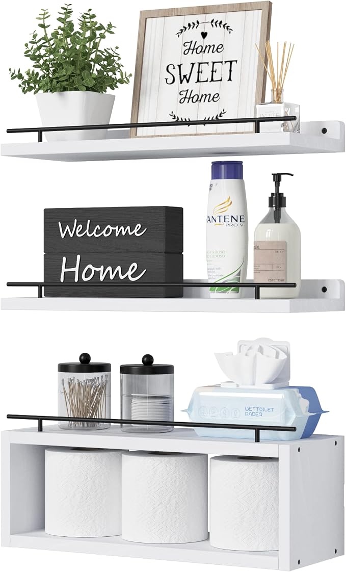 WOPITUES Floating Shelves for Wall with Cube Shelf, Wall Shelves with Metal Rail for Decor, Bathroom Organizers and Storage, Over Toilet Shelves for Bathroom, Toilet Paper-White