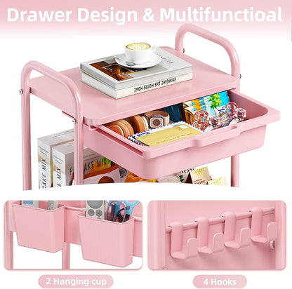 3 Tier Metal Rolling Utility Cart with Drawer & Lockable Wheels - Heavy Duty Multifunctional Storage Organizer with 2 Cups and 4 Hooks for Bathroom, Kitchen, Snack, Craft, Makeup, Baby Essentials
