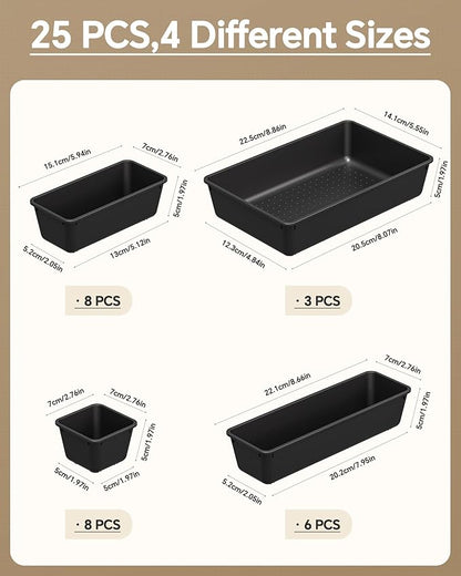 KEMETHY 25 PCS Plastic Drawer Organizers Set, 4 Sizes Vanity Organizer, Makeup and Desk Drawer Organizer Trays, Organization and Storage for Makeup, Bathroom, Kitchen Utensils and Office (Black)