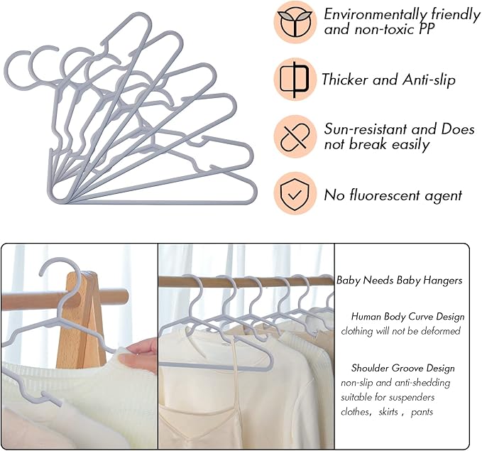60 Pack Gray Kids Hangers 11.6 Inch - Baby Clothes Hangers for Toddler & Child, Durable Plastic Children's Hangers for Closet, Pants, Coats, Skirts (Non-Slip, Space-Saving)
