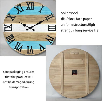 Blue Solid Wood Wall Clock for Living Room Farmhouse Wall Clocks Battery Operated 12 Inch Round Wall Clock Silent