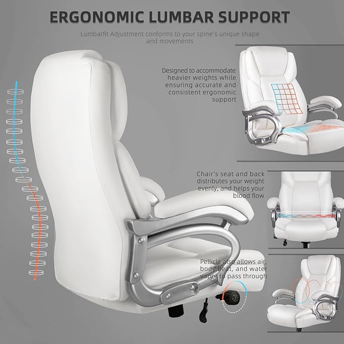 VITESSE 500lbs Heavy Duty Office Chair for Low Back Pain Relief, Big and Tall Office Chair with Ergonomic Lumbar Support, High Back Executive Chair with Quiet Rubber Wheel（White）