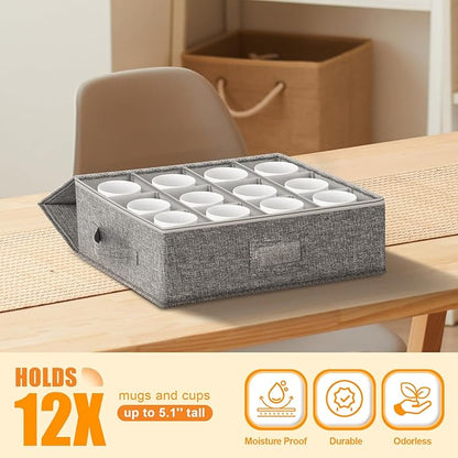 Kukikan Coffee Mug Storage Box 2 Pack with Dividers, China Storage Containers Organizer Moving Supplies, Hard Shell & Stackable for Coffee Mugs, Tea Cups w/Sturdy Lid & Handles, 24 Compartments, Grey