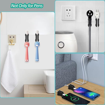 Adhesive Pen Holder for Wall Pencil Holder for Desk Organizer, 6Pack Silicone Pen Holders for Clipboard, Marker Holder Sticky Pen Holder for Desk Accessories, Office Supplies (2black+2white+2grey)