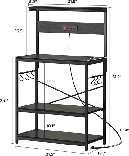 SUPERJARE Bakers Rack with Power Outlets, Microwave Stand, 31.5 X 16.5 Inch Larger Desktop, Kitchen Storage Rack with Adjustable Middle Shelf, 6 S-Shaped Hooks, Coffee Bar Stand, Black