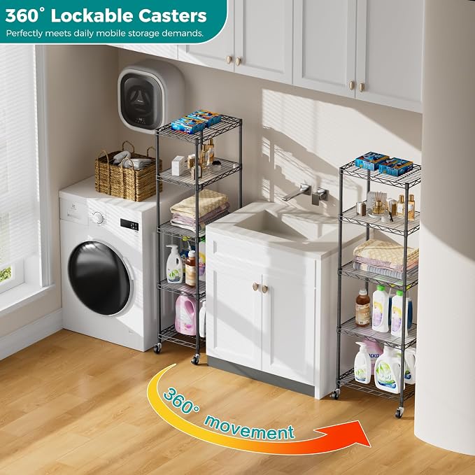SINGAYE 5 Small Shelf Storage Wire Shelves Closet Bathroom Organizers Metal Pantry Kitchen Garage Shelving Unit Laundry Room Organization Home Narrow Rack Net Basket with Wheels Black