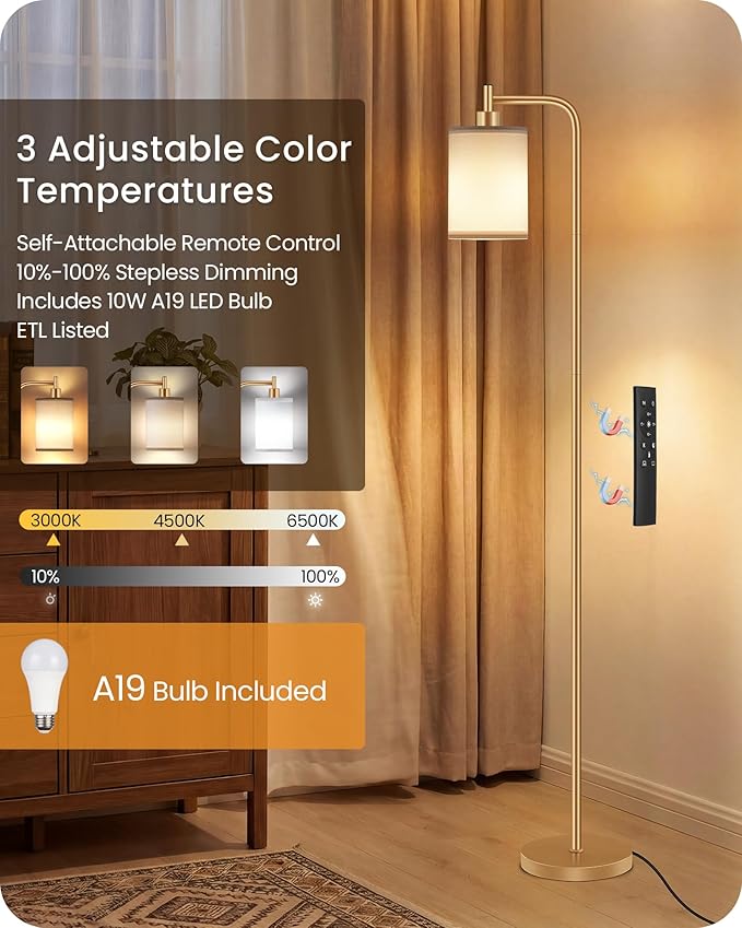 2Pack Dimmable Floor Lamp for Living Room with Remote and Foot Switch, Modern Standing, Corner Lamp,10W Bulb 3 Color Temperatures, for Bedroom, Office, ETL Listed, Gold and White DCW19LDP205