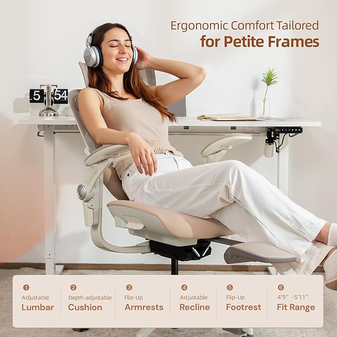 CabLady S2 Petite Ergonomic Office Chair for Women, Small Frame Desk Chair with Adjustable Lumbar, Headrest & Footrest, Space-Saving Flip-Up Armrests