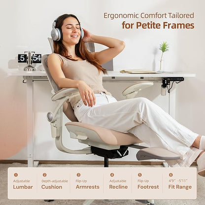 CabLady S2 Petite Ergonomic Office Chair for Women, Small Frame Desk Chair with Adjustable Lumbar, Headrest & Footrest, Space-Saving Flip-Up Armrests