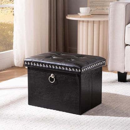oakvivo Small Storage Ottoman Foot Rest Stool, 16x12x12 in Foldable Leather Footstool Storage Bench with Rivet Design, Thicker Foam Padded Seat, Footrest Under Desk for Living Room Bedroom, Black