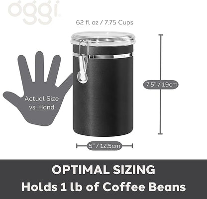Oggi Stainless Steel Kitchen Canister 62 fl oz, Black - Airtight Clamp Lid, Clear See-Thru Top - Ideal for Kitchen Storage, Food Storage, Pantry Storage. Large Size 5" x 7.5".