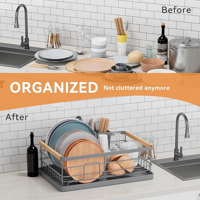 BRIAN & DANY Dish Drying Rack, Dish Racks for Kitchen Counter, Stainless Steel Dish Drainer with Removable Cutlery Holder & Drainboard, Grey
