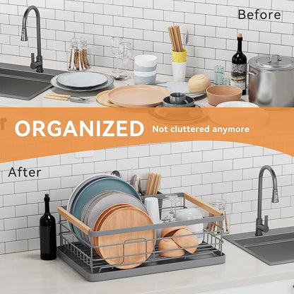 BRIAN & DANY Dish Drying Rack, Dish Racks for Kitchen Counter, Stainless Steel Dish Drainer with Removable Cutlery Holder & Drainboard, Grey