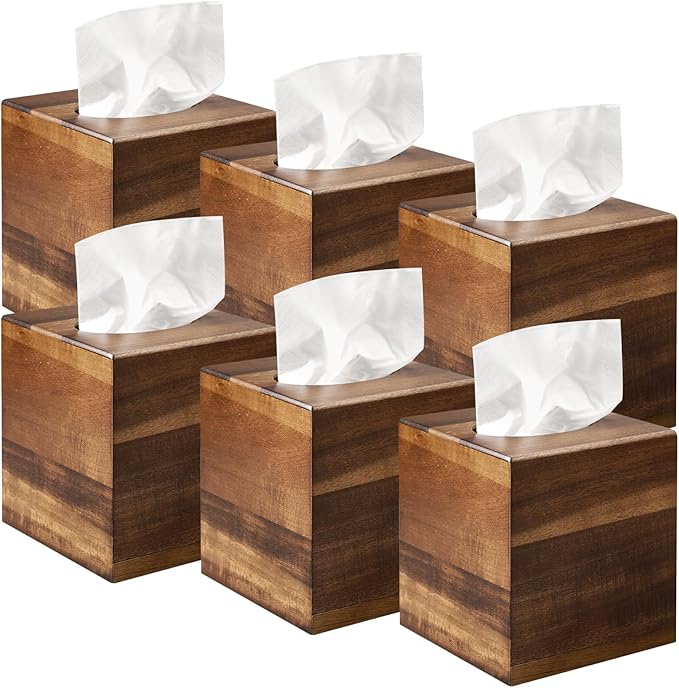 6 Pack Wooden Tissue Box Cover Bulk Square - Acacia Wood Tissue Box Holder for Tabletop Stands Bathroom Office- Decorative Facial Wood Tissue Box Cover for Modern Farmhouse Decor-Standard Walnut Color