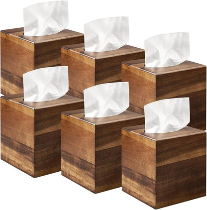 6 Pack Wooden Tissue Box Cover Bulk Square - Acacia Wood Tissue Box Holder for Tabletop Stands Bathroom Office- Decorative Facial Wood Tissue Box Cover for Modern Farmhouse Decor-Standard Walnut Color
