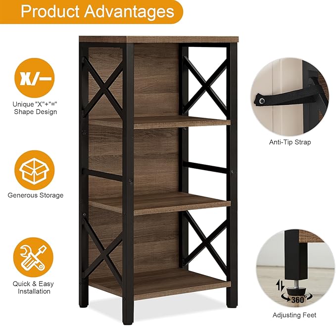MNEETRUNG Small Bookshelf,4 Tier Industrial Bookcase with Metal Frame and Backboard,Narrow Rustic Brown Book Shelf,Book case for Small Spaces,Living Room,Bedroom and Home Office