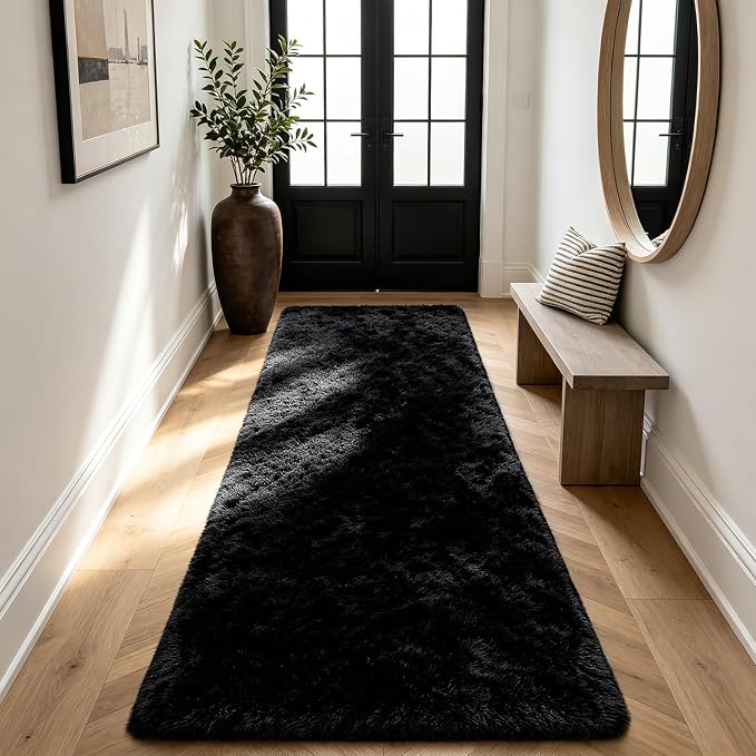 Shag Runner Rug for Bedroom Living Room 3x7 Upgrade Non-Slip Fluffy Soft Bedside Rugs,Black Shaggy Carpet for Livingroom Dorm Home Decor Aesthetic