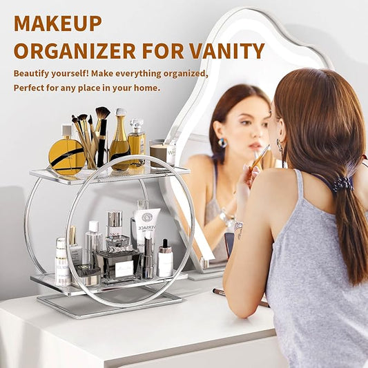 Perfume Organizer for Bedroom Dresser- Sliver Makeup Organizers for Vanity, 2 Tier Bathroom Countertop Organizer Perfume Tray Skincare Storage Cosmetic Display Rack, Make Up Counter Shelf