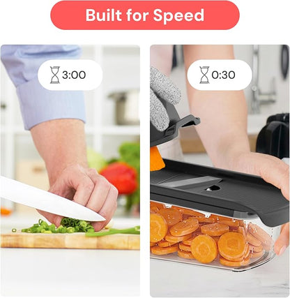 Fullstar Mandoline Slicer for Kitchen, Fruit Cutter, Cheese Grater, Cucumber Slicer, Veggie Spiralizer, Food Cutter & Kitchen Gadgets & Gifts with Safety Glove (6 in 1, Black)