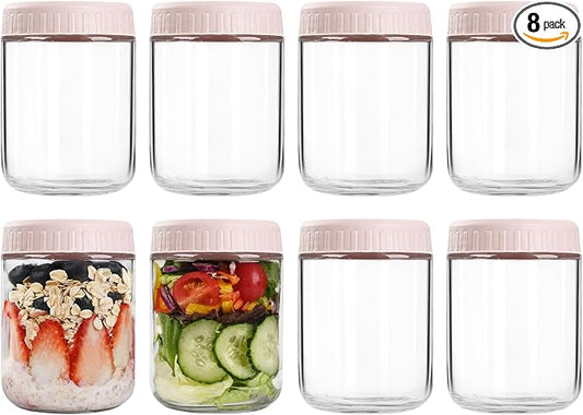 SHOWIN Overnight Oats Containers with Lids, 16oz Glass Jars with Lids 8 pcs, Pink, Wide Mouth Mason jars for Salad, Yogurt, Snacks, Meal Prep