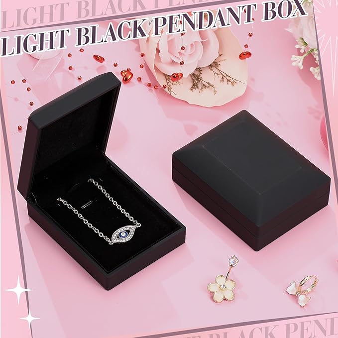 Yinkin 12 Pcs Black Velvet Jewelry Boxes LED Light Display Ring Necklace Bracelet Chain Gift Box Bulk Wedding Proposal Anniversary (Pendant Box,Square)