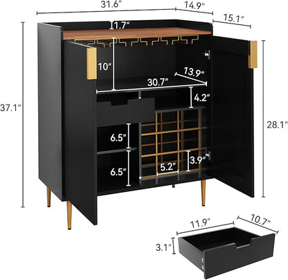 ARTPOWER Sideboard Buffet Cabinet with Fluted Texture, Modern Coffee Bar Cabinet with Wine Rack&Drawers, Black Liquor Cabinet for Kitchen Dining Room, Living Room